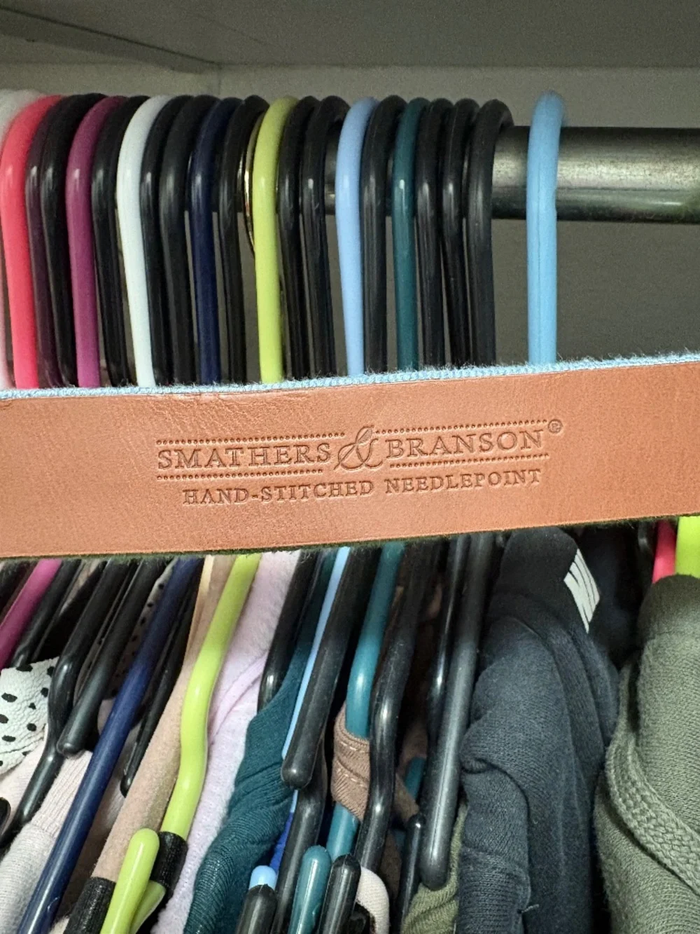 Hand stitched needle point belt